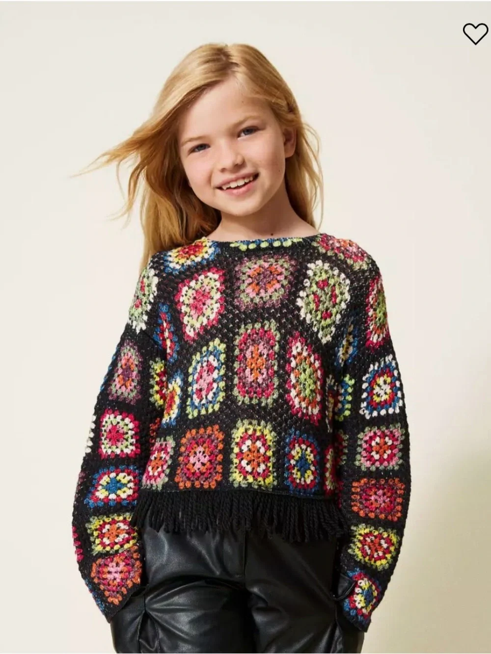 TWINSET Girls Size 8A Crochet Granny Square Fringe Sweater